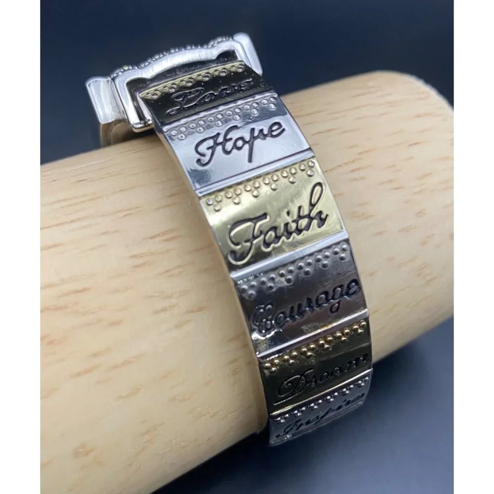 Accutime Womens Cuff Bracelet Watch Two Tone Inspirational Words New Battery
